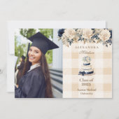 Eleganter Foto Navy Blue Floral Abschluss Ankündigung (Vorderseite)