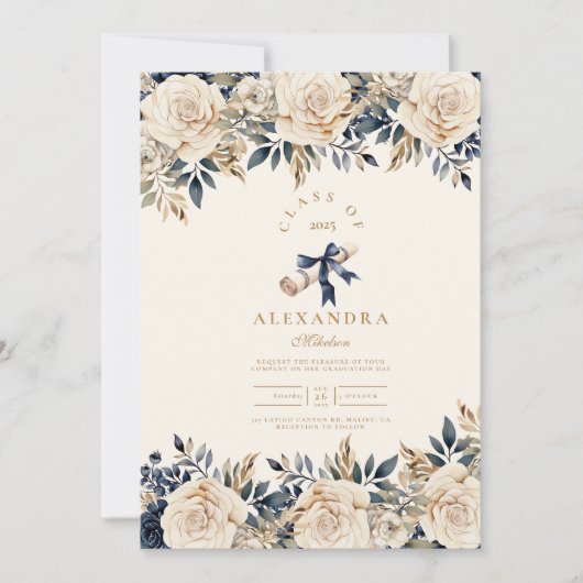 Eleganter Foto Navy Gold Floral Abschluss Einladung (Vorderseite)