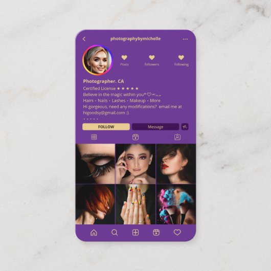 Eleganter Fotograf Royal Lila Modern Visitenkarte (Vorderseite)