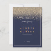 Eleganter Frame Navy Blue Gold Glitzer Hochzeit Save The Date (Vorderseite)