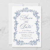 Eleganter französischer blauer viktorianischer Blu Save The Date (Vorderseite)