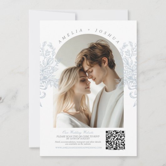 Eleganter französischer Blumenbogen mit QR-Code Einladung (Vorderseite)
