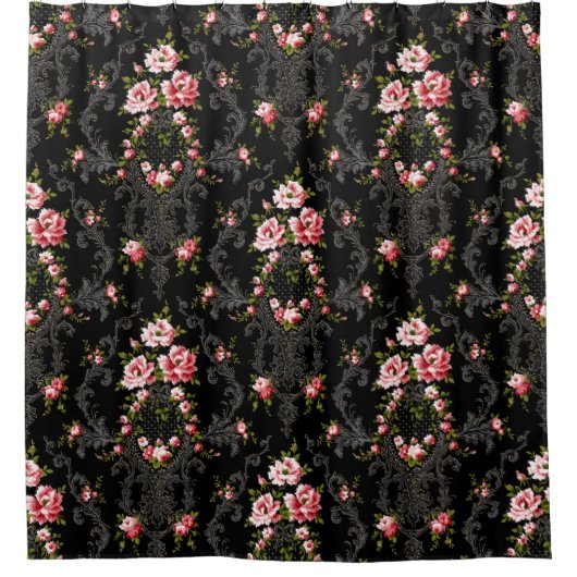 Eleganter französischer Rokoko floral-schwarzer Hi Duschvorhang (Vorderseite)