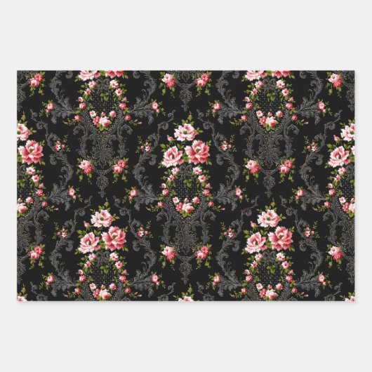 Eleganter französischer Rokoko floralweiß, schwarz Geschenkpapier Set (Vorderseite 2)