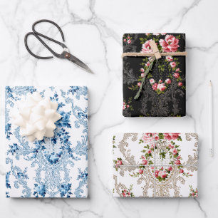 Eleganter französischer Rokoko floralweiß, schwarz Geschenkpapier Set