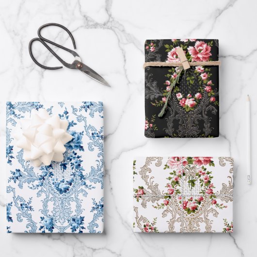 Eleganter französischer Rokoko floralweiß, schwarz Geschenkpapier Set (Vorderseite)