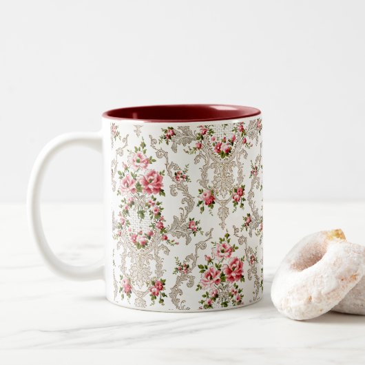 Eleganter französischer Rokoko floralweißer Hinter Zweifarbige Tasse (Mit Donut)
