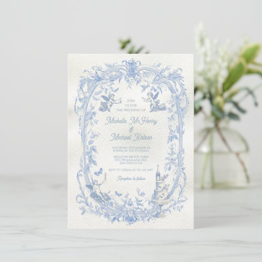 Eleganter französischer Toile Floral cupid Engel W Einladung (Stehend Vorderseite)
