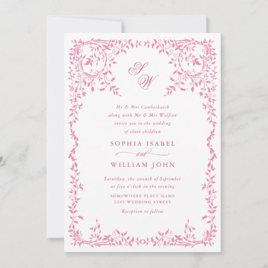 Eleganter französischer Verzierter Blumenrahmen-QR Einladung (Vorderseite)