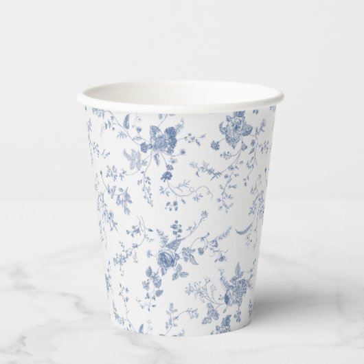 Eleganter French Vintag Blue Floral Jouy Pappbecher (Vorderseite)