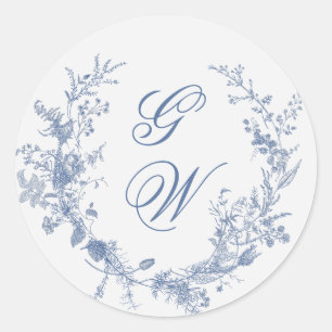 Eleganter French Vintag Blue Floral Jouy Runder Aufkleber
