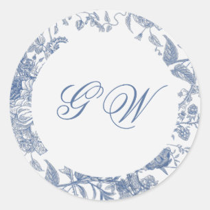 Eleganter French Vintag Blue Floral Jouy Runder Aufkleber
