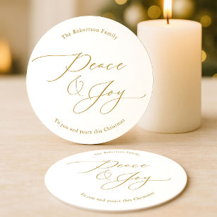 Eleganter Frieden & Freude Goldschrift Weihnachten Runder Pappuntersetzer
