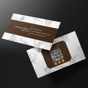 Eleganter Friseur Braun Gold Marmor QR-Code Visitenkarte