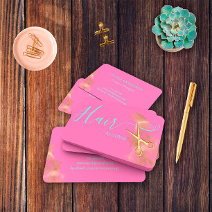 Eleganter Friseur Goldene Schere Blau Hot Pink Visitenkarte