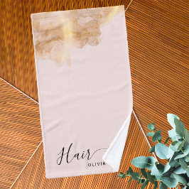 Eleganter Friseur Goldschere Friseurin Rosa Handtuch