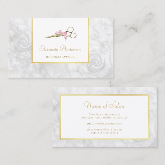 Eleganter Friseur Goldschere Weißrosenmarmor Visitenkarte (Vorne/Hinten)