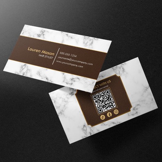 Eleganter Friseursalon Brown Gold Marble QR Code Visitenkarte