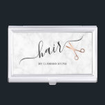 Eleganter Friseursalon der modernen Rose Visitenkarten Dose<br><div class="desc">Modernes und elegantes Design für Friseure mit Imitaten Rose Goldschere,  weißem Marmor und elegantem Kalligraphie-Schriftart.</div>