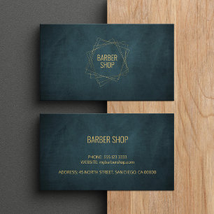 Eleganter Friseursalon in Marineblau und Gold mit Visitenkarte