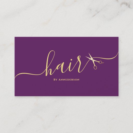 Eleganter Friseursalon Script Friseur Lila Visitenkarte (Vorderseite)