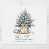 Eleganter Frohe Weihnachtsbaum Gold Blauer Individ Schaumweinetikett (Einzelnes Label)