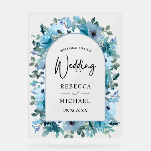 Eleganter Frühling dusty Blue Blues Hochzeitsempfa Acrylschild (Vorderseite)