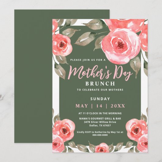 Eleganter Frühlingstag Blumengrün Muttertag Brunch Einladung (Vorne/Hinten)