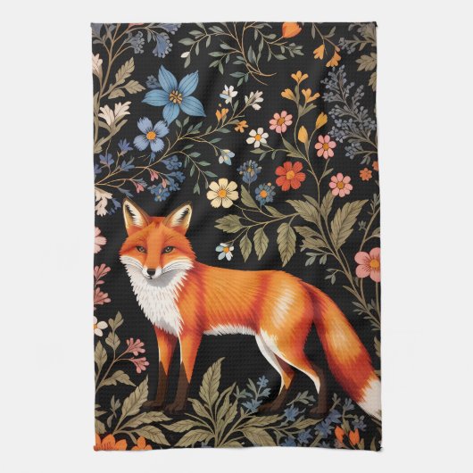 Eleganter Fuchs in Schwarz mit farbenfrohen Blumen Geschirrtuch (Vertikal)