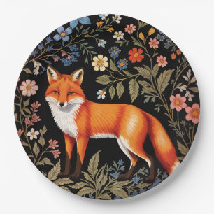 Eleganter Fuchs in Schwarz mit farbenfrohen Blumen Pappteller