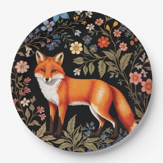 Eleganter Fuchs in Schwarz mit farbenfrohen Blumen Pappteller (Vorderseite)