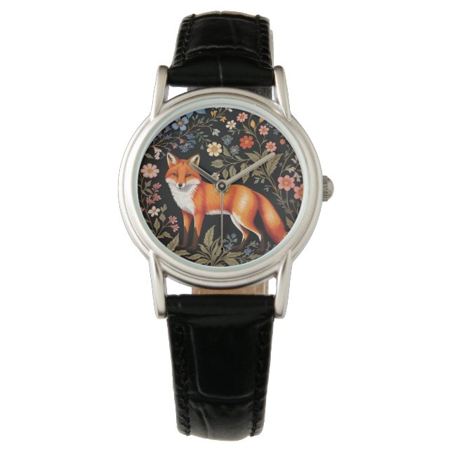 Eleganter Fuchs in Schwarz mit Farbigen Blumen Armbanduhr (Vorderseite)