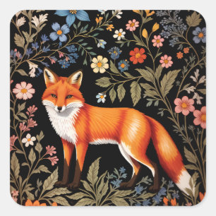 Eleganter Fuchs in Schwarz mit Farbigen Blumen Quadratischer Aufkleber