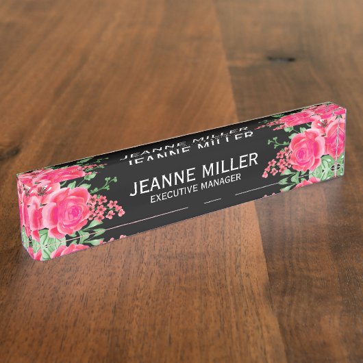 Eleganter Fuchsia Pink Rose Blume Manager Black Namensplakette (Seite)