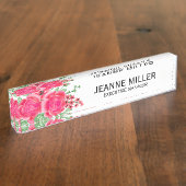 Eleganter Fuchsia Pink Rose Blume Manager White Namensplakette (Seite)