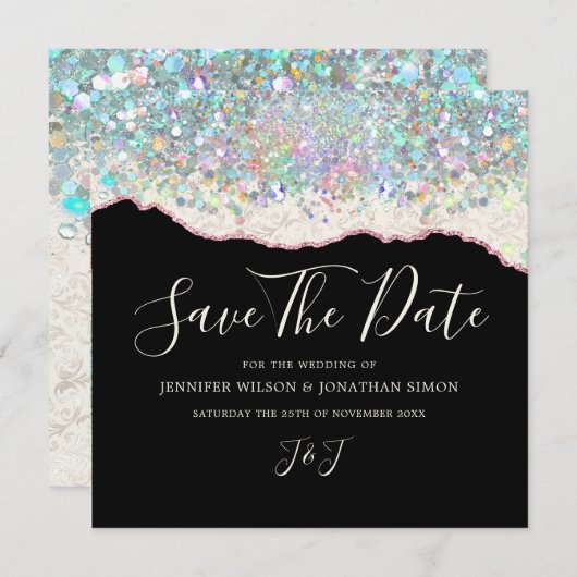 Eleganter Funkelnd Glitzer Black Ivory Save The Date (Vorne/Hinten)