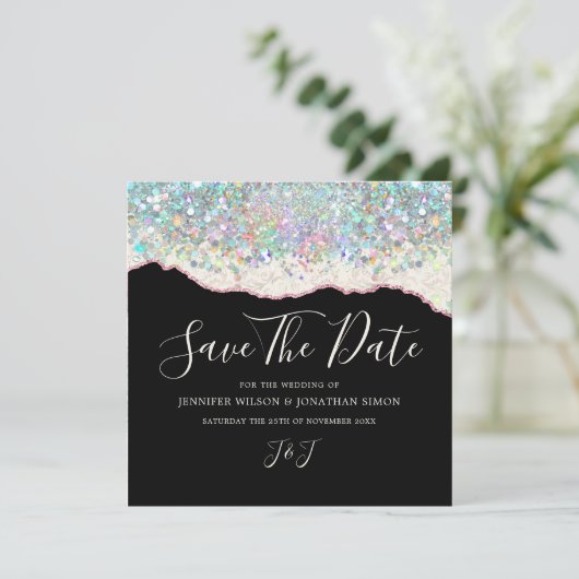 Eleganter Funkelnd Glitzer Black Ivory Save The Date (Stehend Vorderseite)