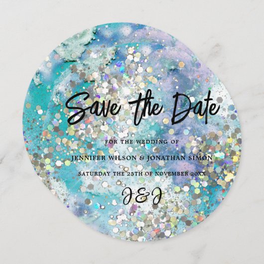 Eleganter Funkelnd Glitzer Blau Aquamarin Save The Date (Vorne/Hinten)