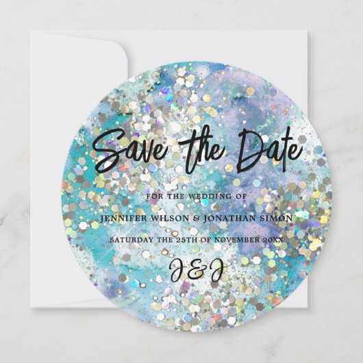 Eleganter Funkelnd Glitzer Blau Aquamarin Save The Date (Vorderseite)