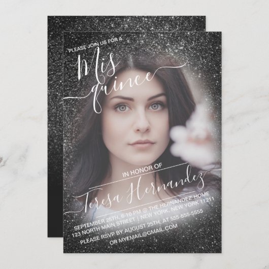 Eleganter Funkelnd Glitzer Foto Quinceañera Einladung (Vorne/Hinten)
