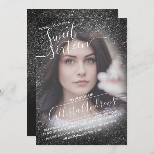 Eleganter Funkelnd Glitzer Ombre Foto Sweet 16 Einladung (Vorne/Hinten)