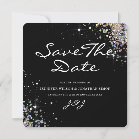 Eleganter Funkelnd holografischer Glitzer Black Mo Save The Date (Vorderseite)