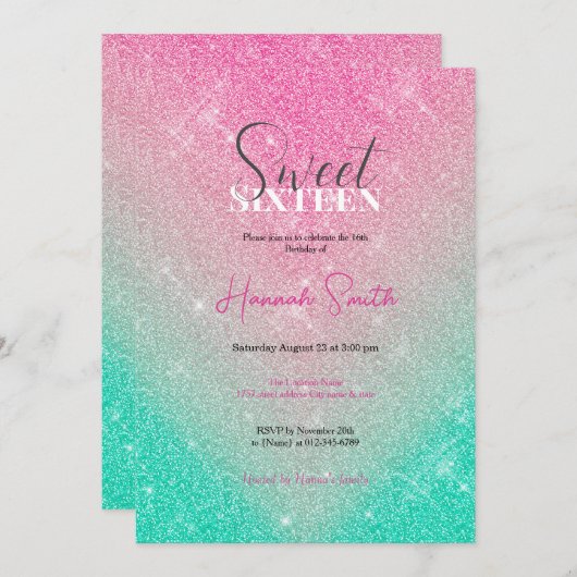 Eleganter funkelnder Glitzer Pink Mint Gradient Einladung (Vorne/Hinten)