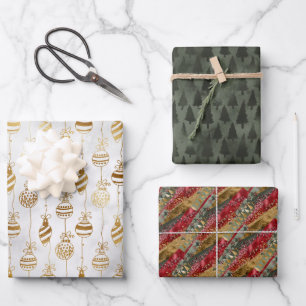 Eleganter funkelnder gold-grüner Tannenbaum Rot Geschenkpapier Set