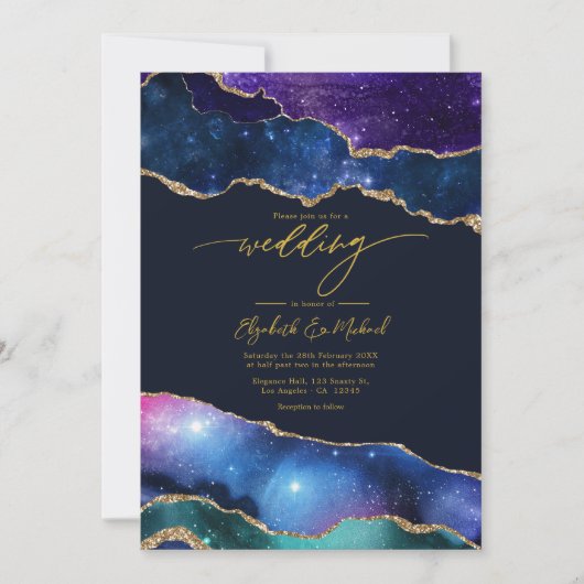 Eleganter Galaxy Blue, Lila & Gold Agate QR Code Einladung (Vorderseite)