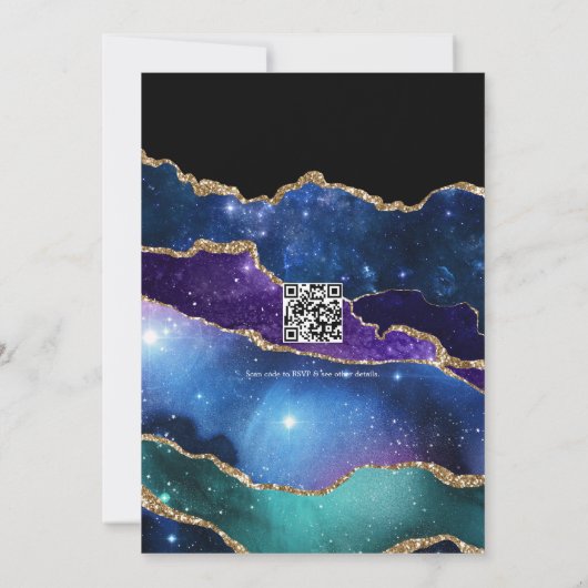 Eleganter Galaxy Blue, Lila & Gold Agate QR Code Einladung (Rückseite)