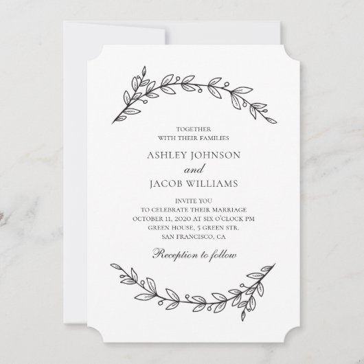 Eleganter Garten Hochzeit. Botanisch-schwarz-weiß Einladung (Vorderseite)