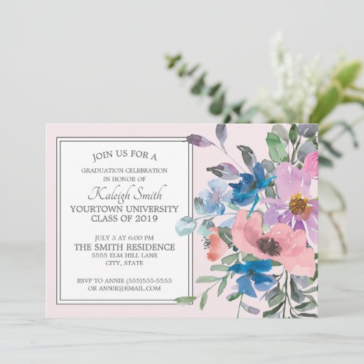 Eleganter Garten Lila Rosa Blumengrau Party Einladung (Stehend Vorderseite)