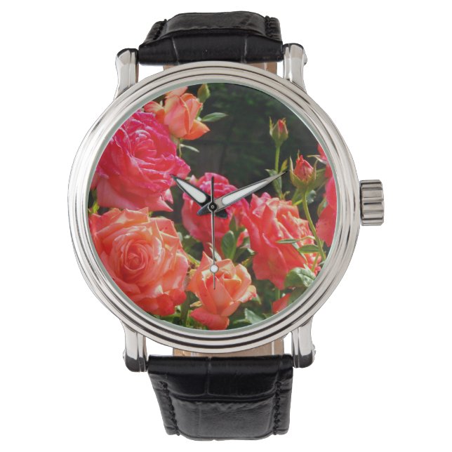 Eleganter Garten mit orangefarbenen Rose Rose Armbanduhr (Vorderseite)