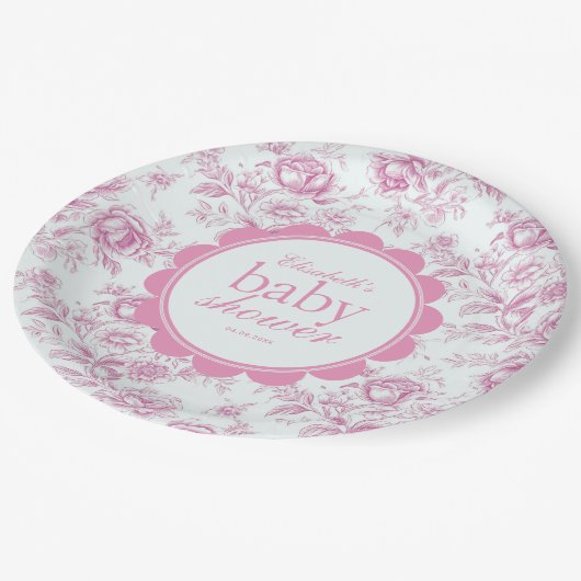 Eleganter Garten Pink Chinoiserie Babydusche Pappteller (Schrägansicht)